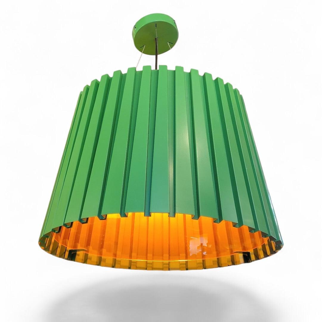 Vintage Industrial Green Ribbed Metal Pendant with Orange Acrylic Shade - 2
