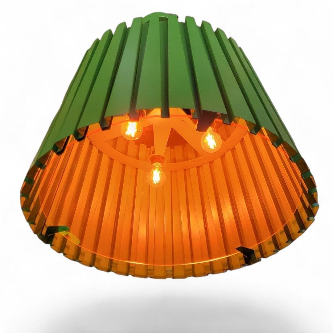 Vintage Industrial Green Ribbed Metal Pendant with Orange Acrylic Shade - 5