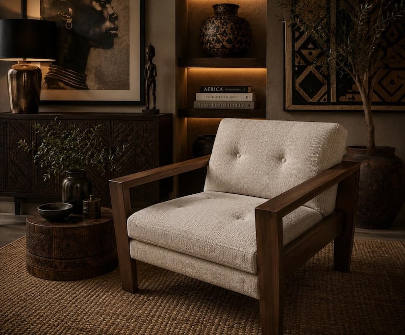 Vintage W.H. Gunlocke Chair Company Chair Newly Reupholstered: The Gunlocke Company Wood Frame Lounge Chair Newly Upholstered in High End Tweed Fabric Seat your guests in this white leather and dark brown wood cube chair. The arm rests are constructed from rectan