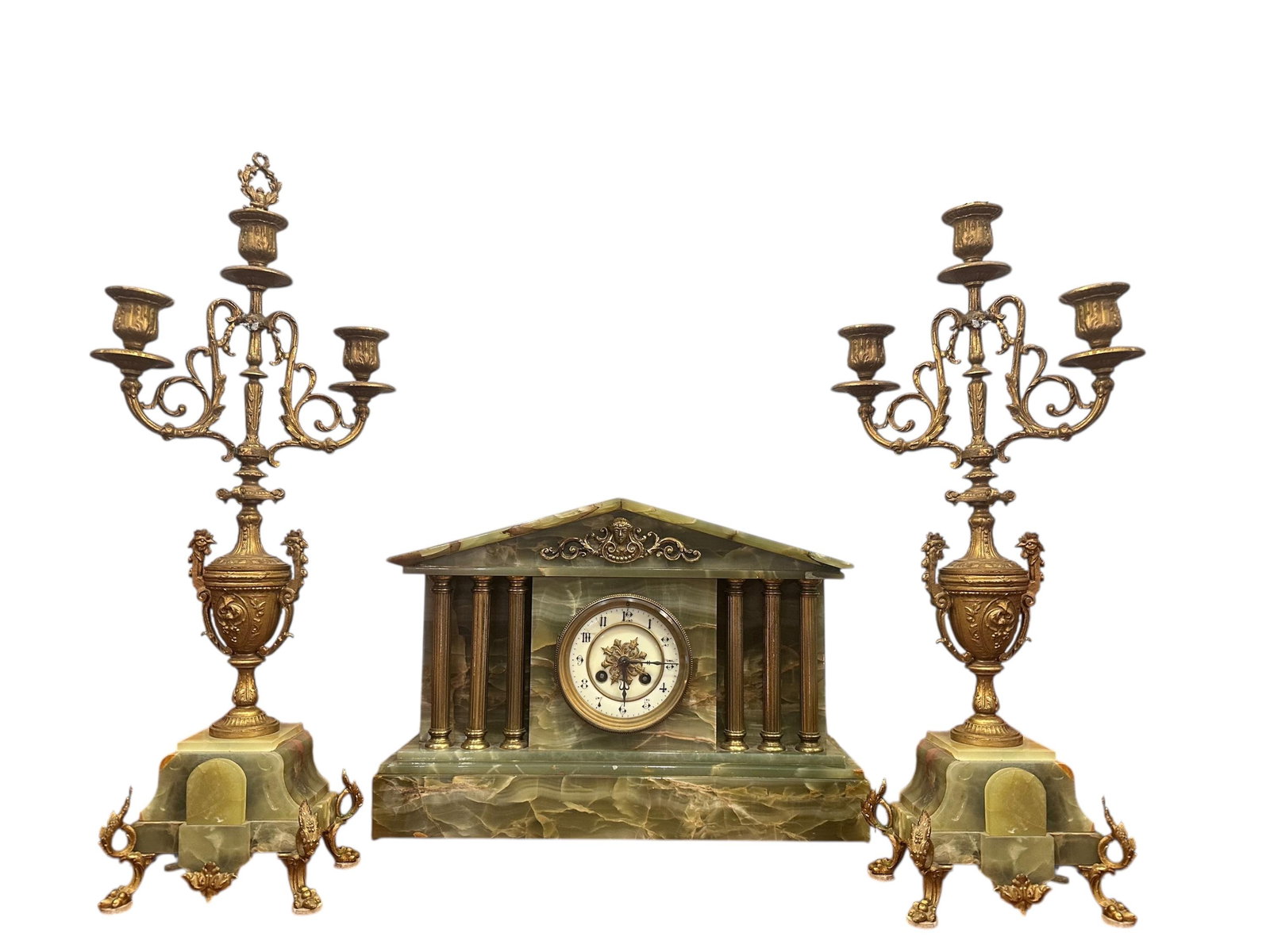 Antique French Neoclassical Green Onyx Garniture Clock Set - 2