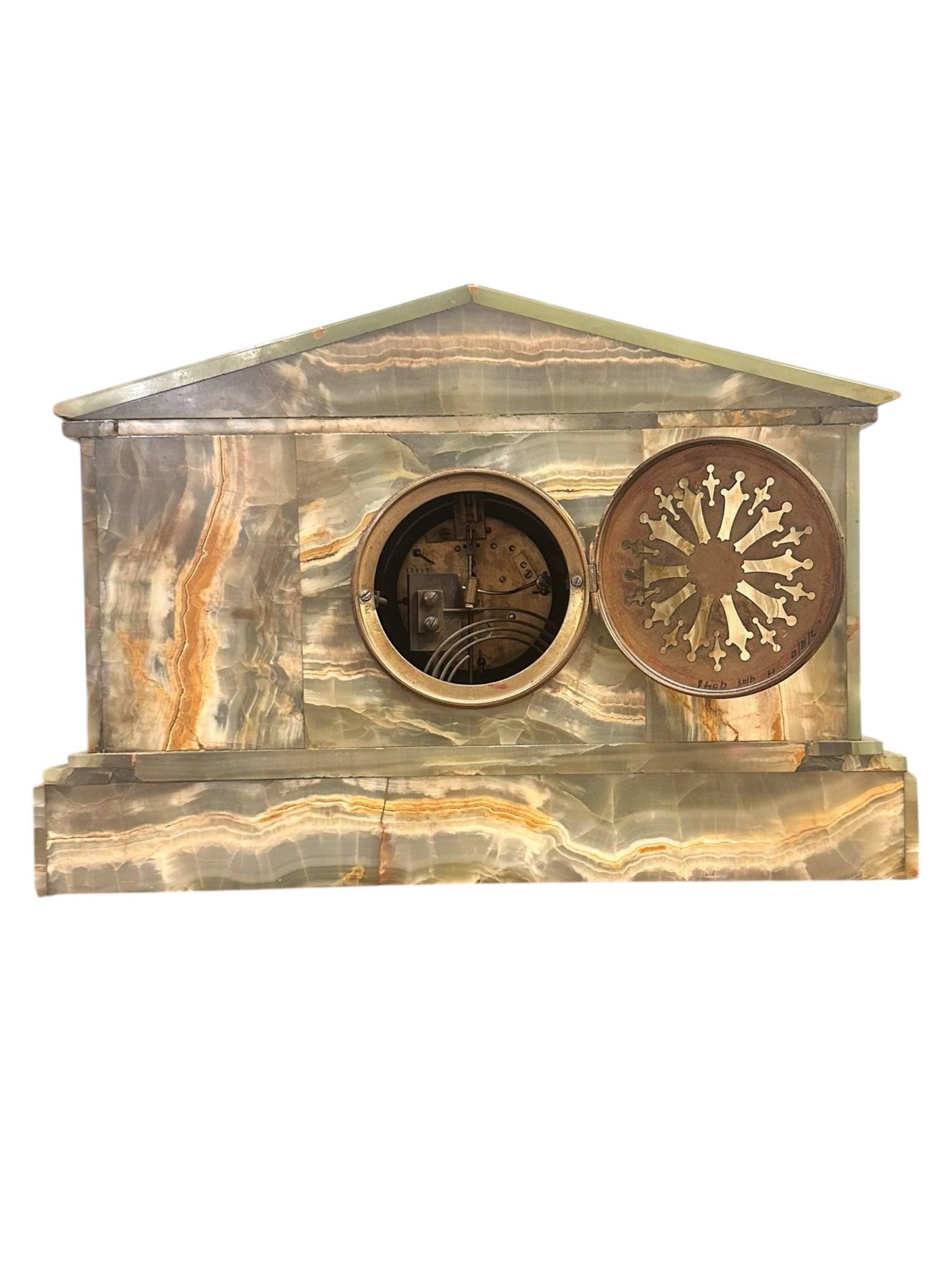 Antique French Neoclassical Green Onyx Garniture Clock Set - 3