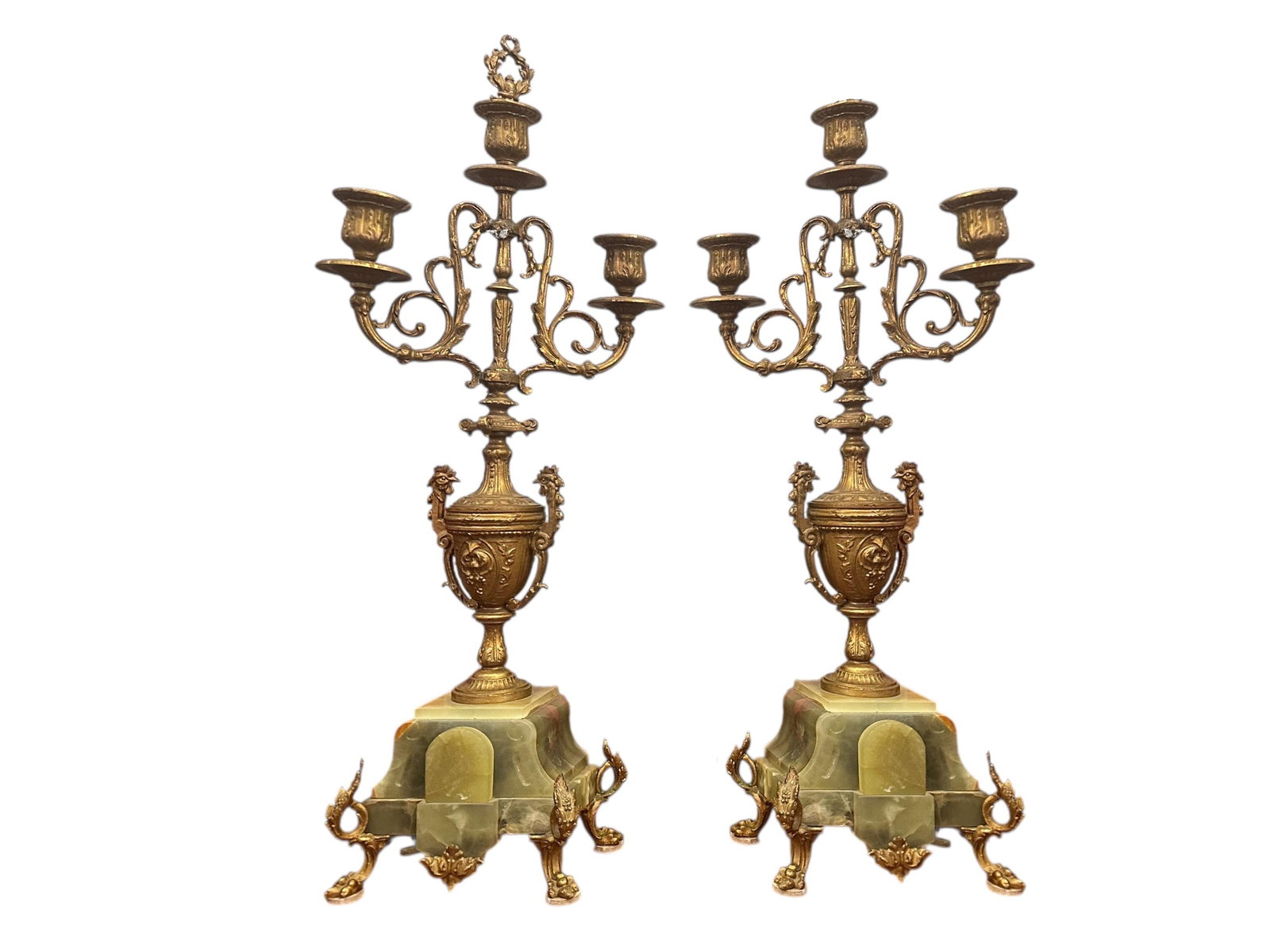 Antique French Neoclassical Green Onyx Garniture Clock Set - 8