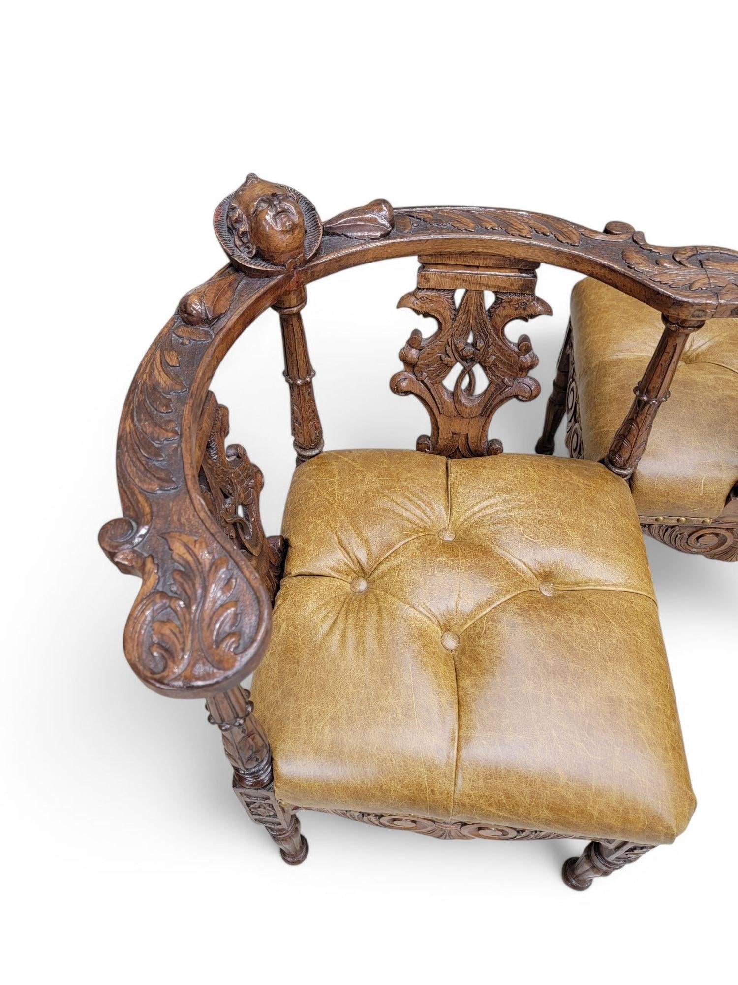 Antique Italian Renaissance Revival Carved Figural Tufted Tete-a-Tete Bench Newly Reupholstered - 6