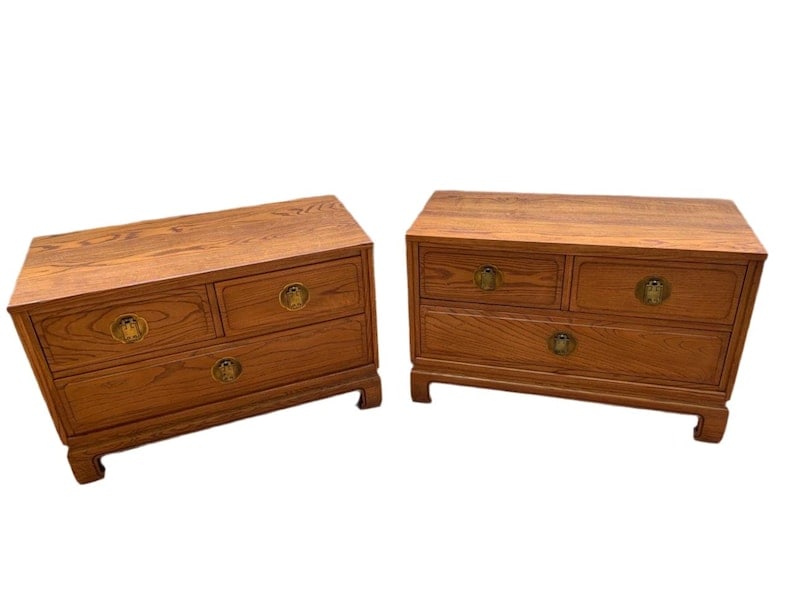 Vintage Chinoiserie Style Bedside Chest by Davis Cabinet Co - Pair: Vintage Chinoiserie Style Davis Cabinet Company Side/End Tables Nightstands in Teak with Brass Hardware - Pair Decorate your modern interior with these matching light wood and bronze handles. With thr