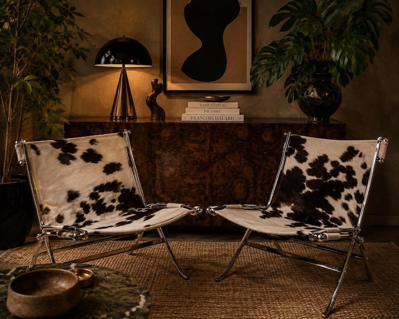 MCM Antonio Citterio ”Timeless” Lounge Scissor Chairs Newly Reupholstered - Pair: Mid Century Modern Antonio Citterio ”Timeless” Lounge Scissor Chairs for Flexform Newly Upholstered in a Black and White Cowhide - Pair This exceptional pair of “Timeless”