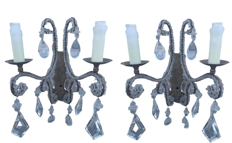 Vintage Louis Style Dennis and Leen Lead Crystal Gold Beaded Sconces - Pair: Vintage Louis XIV Style Dennis and Leen Lead Crystal Beaded Sconces - Pair These beautiful wall sconces are made of metal frames with scrolling arms with a partial rock crystal trim and lead crystal b