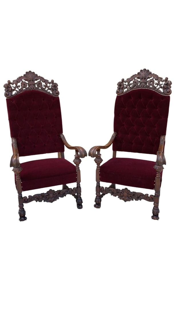 Antique French Regency Style Caved Throne Chairs Newly Reupholstered - Pair (1 of 8)