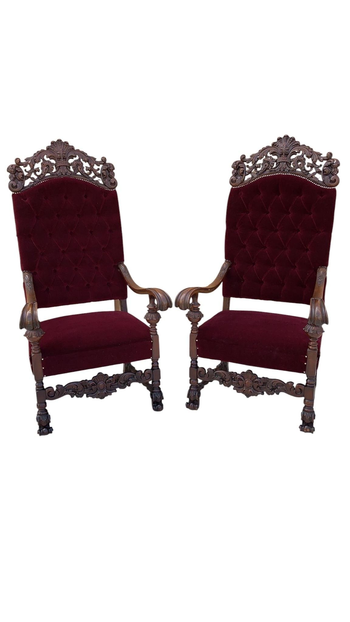 Antique French Regency Style Caved Throne Chairs Newly Reupholstered - Pair - 2
