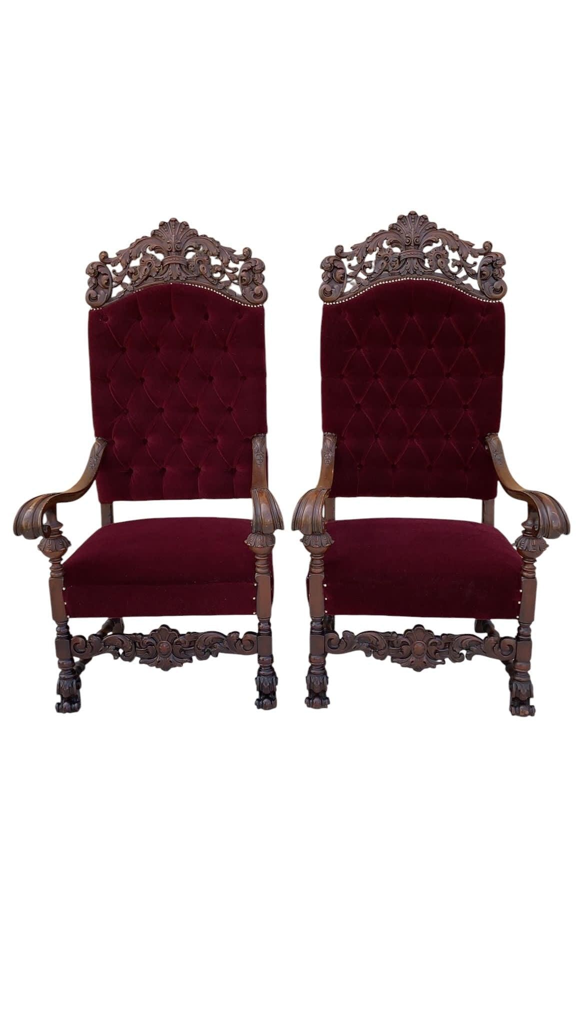Antique French Regency Style Caved Throne Chairs Newly Reupholstered - Pair - 8