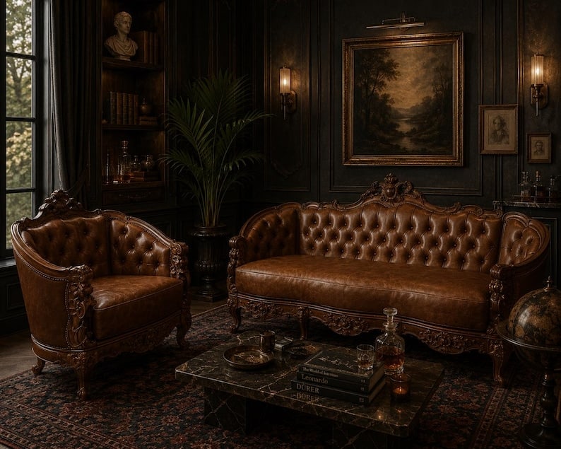 Antique Italian Rococo Style Tufted Lion Motif Sofa and Chair Set Newly Reupholstered: Antique Italian Rococo Style Carved Ornate Tufted Figural Lion Motif Parlor Set Newly Reupholstered in Italian Cognac Leather - 2 Piece Set Absolutely Exquisite Antique Italian Rococo Style Hand-Carve