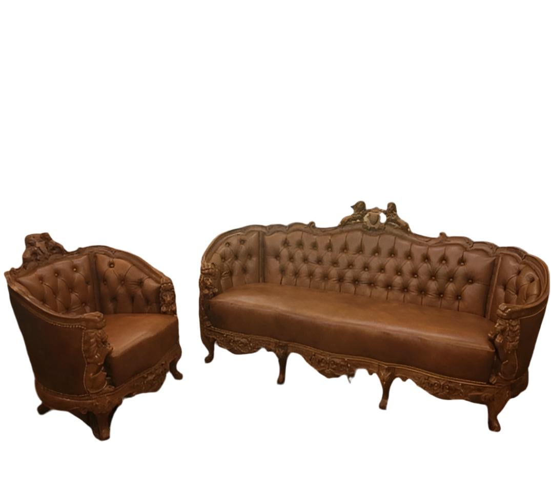 Antique Italian Rococo Style Tufted Lion Motif Sofa and Chair Set Newly Reupholstered - 3