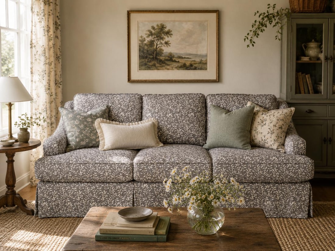 Contemporary Gray Leaf Print Fabric Sofa and Loveseat Set - 2