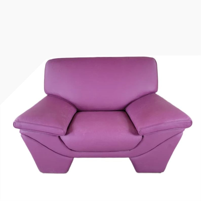 Postmodern Plum Leather Oversized Chair: Postmodern Plum Leather Oversized Chair Set Circa Late 20th Century Dimensions:H 37" W 55" D 40" SH: 18.5" SD 23.2" AH: 22.5" CONDITION: Please be aware that all items are used/vintage/antique and