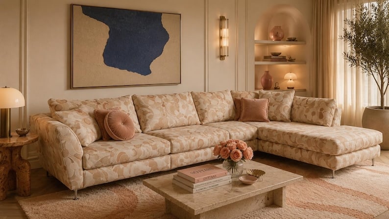 Postmodern L-Shaped Sectional Sofa by Carsons: Thank you Vintage Post Modern L Shaped Sectional Sofa By Bernhardt This beautiful post-modern L-Shaped sofa has chaise lounge ends. This sectional is in its original mod patterned upholstery. This