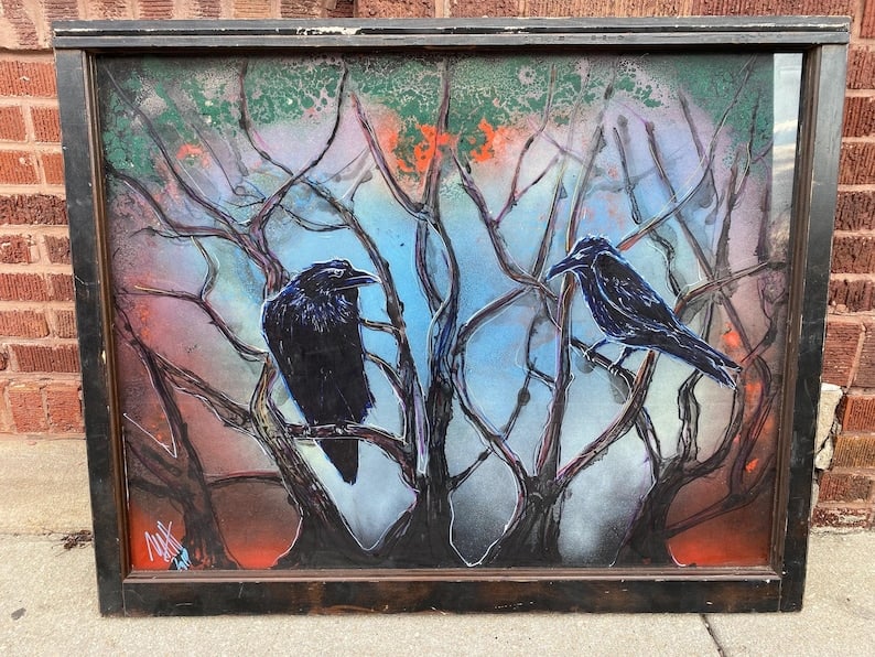 Vintage Mixed Media Glass Art Signed by Mark Narens: Vintage Mixed Media Glass Hanging Wall Art with Crows Signed by Mark Narens This mixed media glass work by Mark Narens depicts two crows perched on branches. The frame is distressed with paint