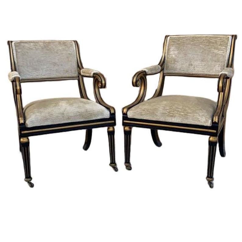 Vintage Regency Style Chairs by Baker Furniture Newly Reupholstered - Pair: Vintage Regency Style Side Chairs with Ebonized Sabre Legs by Baker Furniture Newly Reupholstered in a Gold Chenille Fabric - Pair Circa 20th Century Dimensions W 24”D 20”H 35” SH