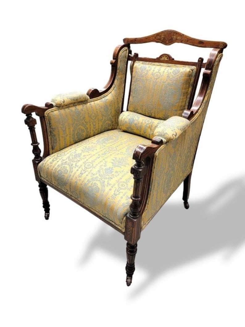 Antique Biedermeier Inlaid Silk Upholstered Carved Armchair: Antique Biedermeier Carved and Inlaid Silk Upholstered Armchair This exquisite antique Austrian Biedermeier armchair is a beautifully crafted and hand-carved piece. It has a pierced panel seat back an