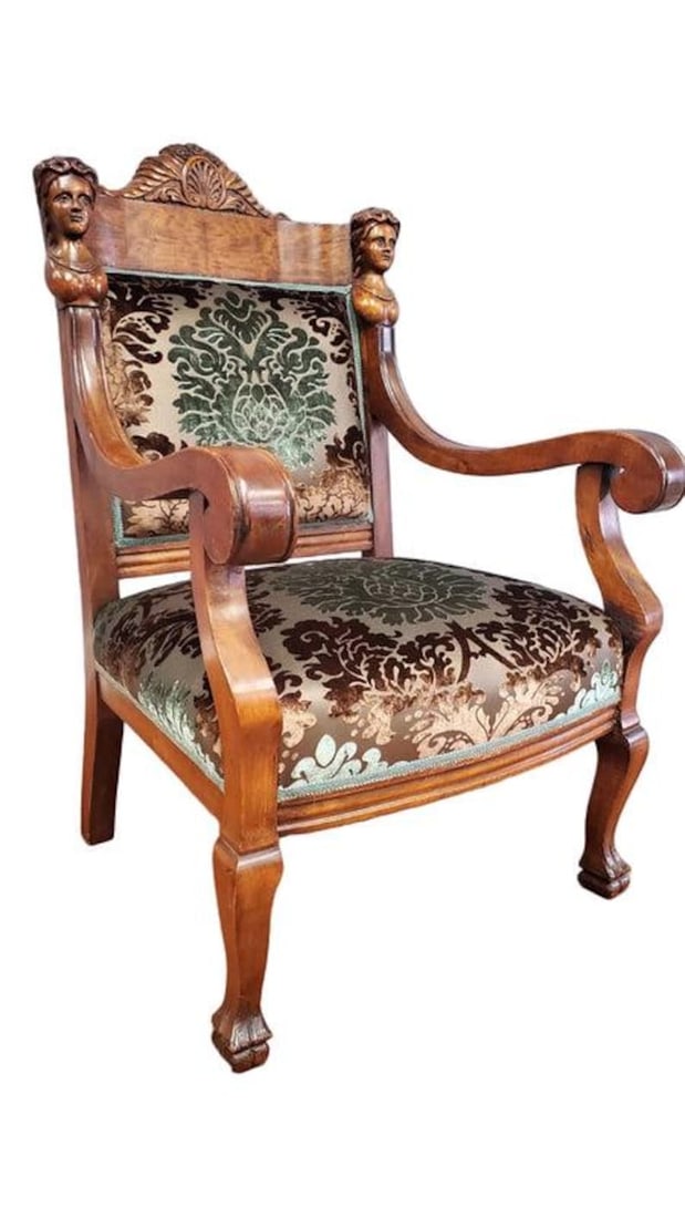 Antique Figural Carved Ornate Armchair by Karpen Furniture Co. Newly Reupholstered (1 of 7)