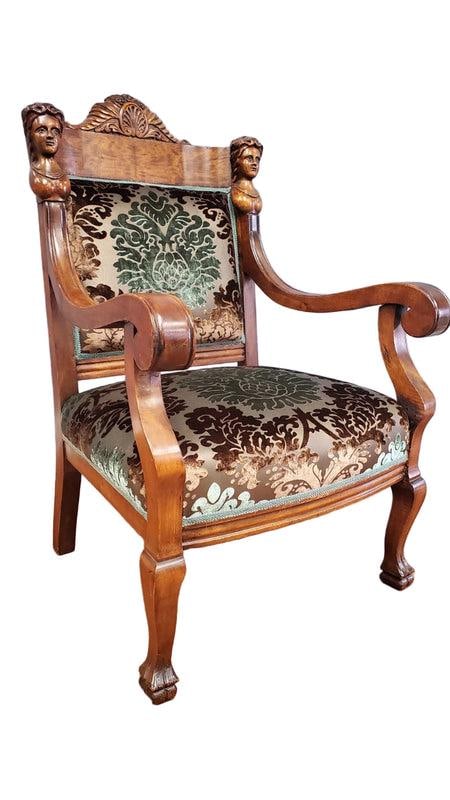 Antique Figural Carved Ornate Armchair by Karpen Furniture Co. Newly Reupholstered - 2