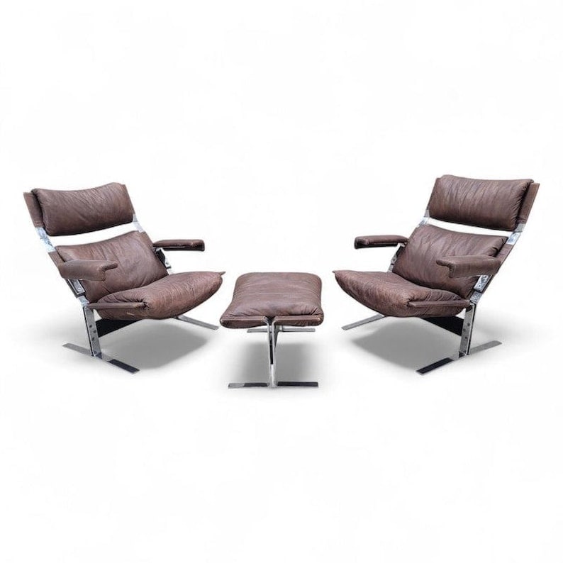 MCM Richard Hersberger Brown Leather Lounge Chairs and Ottoman (1 of 8)
