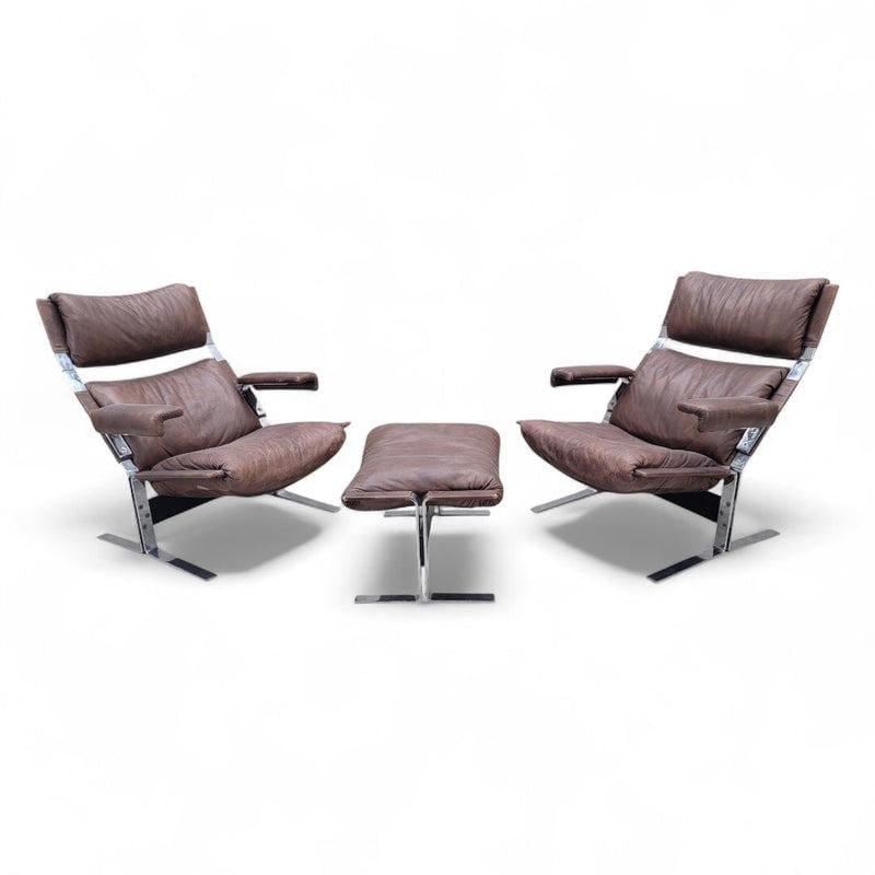 MCM Richard Hersberger Brown Leather Lounge Chairs and Ottoman - 2