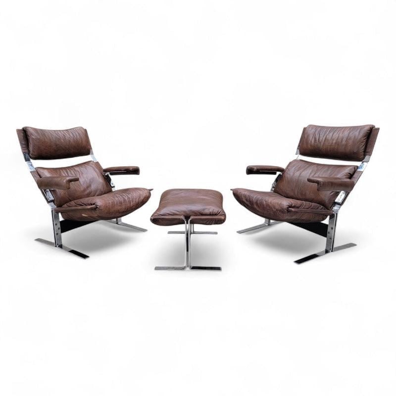 MCM Richard Hersberger Brown Leather Lounge Chairs and Ottoman - 7