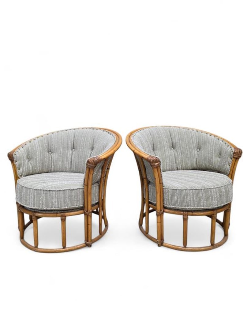 MCM Heywood Wakefield “Ashcraft” Bamboo Style Rattan Chairs Newly Reupholstered –: Mid-Century Modern Heywood Wakefield “Ashcraft” Bamboo Style Barrel-Back Rattan Lounge Chairs – Pair Fantastic pair of mid-century modern Heywood Wakefield “Ashcraft” bam