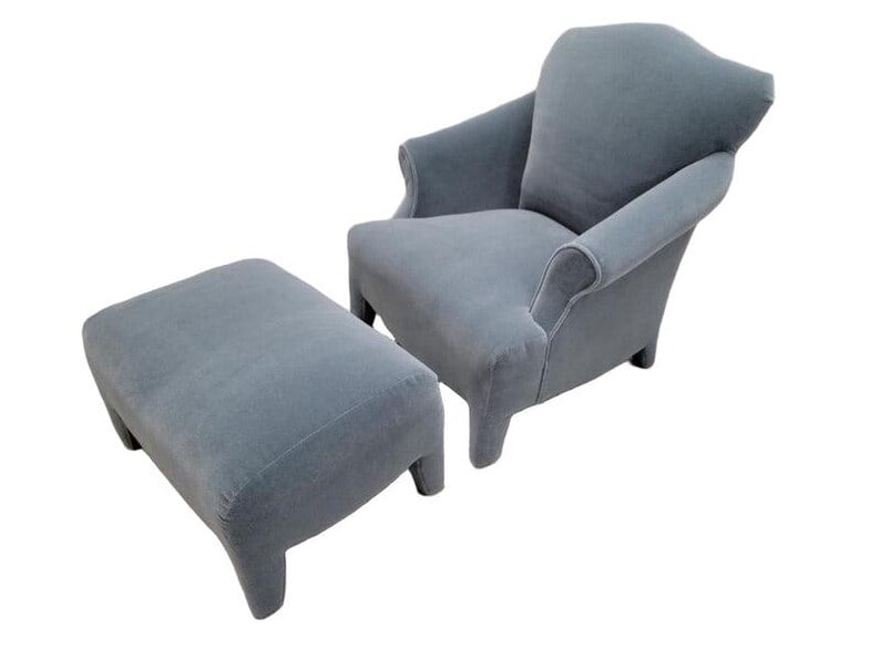 Postmodern Lounge Chair & Ottoman by Donghia Luciano Newly Reupholstered: Vintage Postmodern Donghia Luciano Lounge Chair & Ottoman Newly Reupholstered in a "Steel-Blu" Italian Mohair - 2 Piece Set This is a stunning and super comfortable chair and ottoman set that we