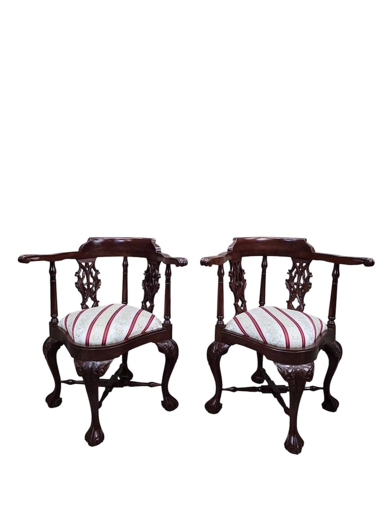 Antique English Carved Corner Chair - Pair: Antique English Carved Mahogany Corner Chair with Pierced Back and Ball Claw Feet - Pair Decorate your sitting room with these beautiful hand carved chairs. The chairs feet and arms have been carved i