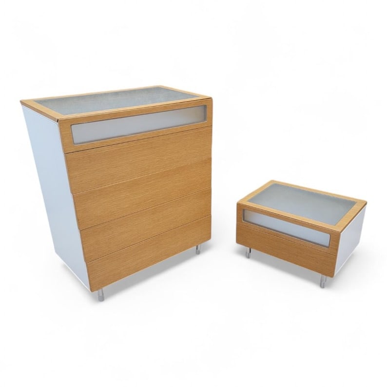 Postmodern Italian Frosted Glass Dresser with Side Chest: Vintage Postmodern Italian Light Wood & Frosted Glass 5 Drawer Dresser with 2 Drawer Low Profile Side Chest This vintage postmodern Italian dresser features a light wood finish complemented by