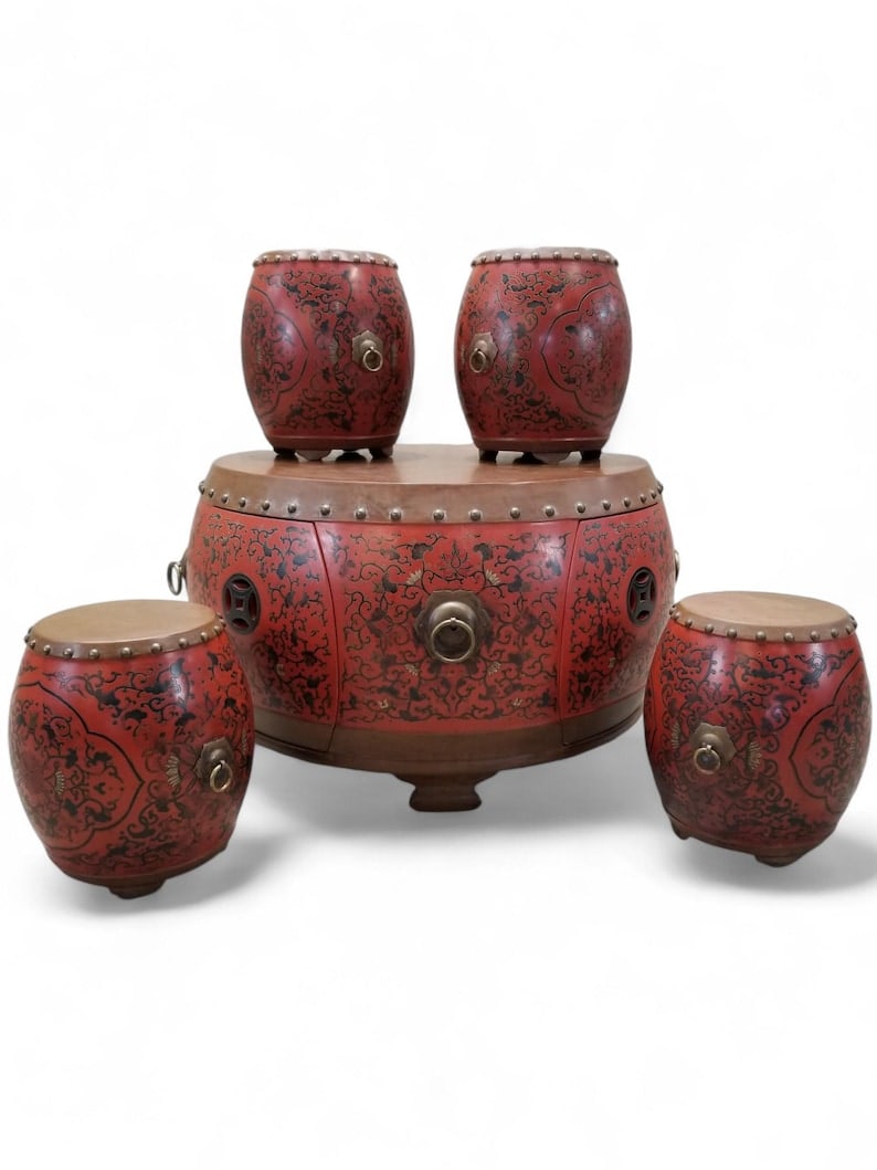 Vintage Asian Style Red Coromandel Drum Coffee/Side Table: Vintage Asian Style Red Coromandel Drum Coffee/Side Table - Set of 5 This unique burnt red coffee and side table set would be a perfect accent for your living room, restaurant or coffee shop. Convenie