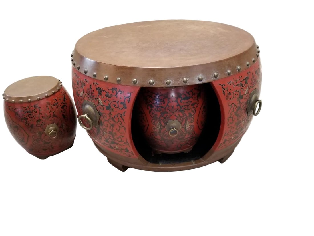 Vintage Asian Style Red Coromandel Drum Coffee/Side Table - 8