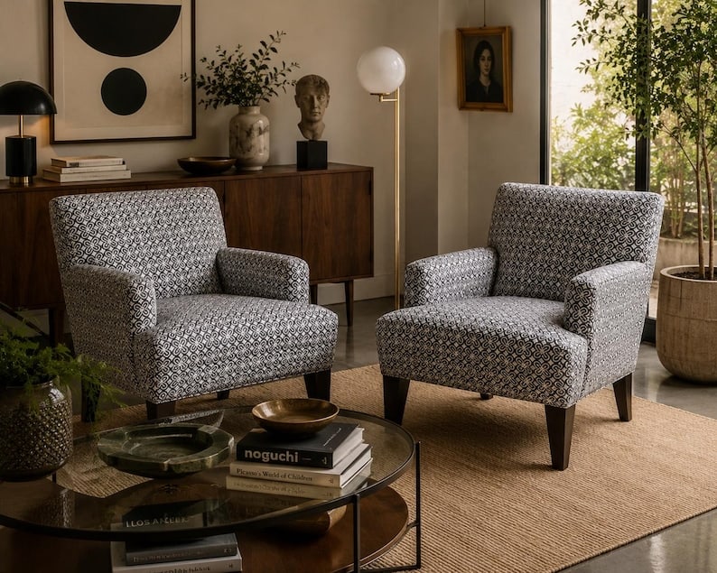 Vintage Contemporary Set of Retro Blue & Cream Print Club Chairs, Pair: Vintage Contemporary Set of Retro Blue and Cream Print Club Chairs - Pair Circa Late 20th Century Dimensions: 34.5"H x 30"W x 35"DSH: 21.5"H x 21.5"DAH: 22.5"H CONDITION: Please be aware that all