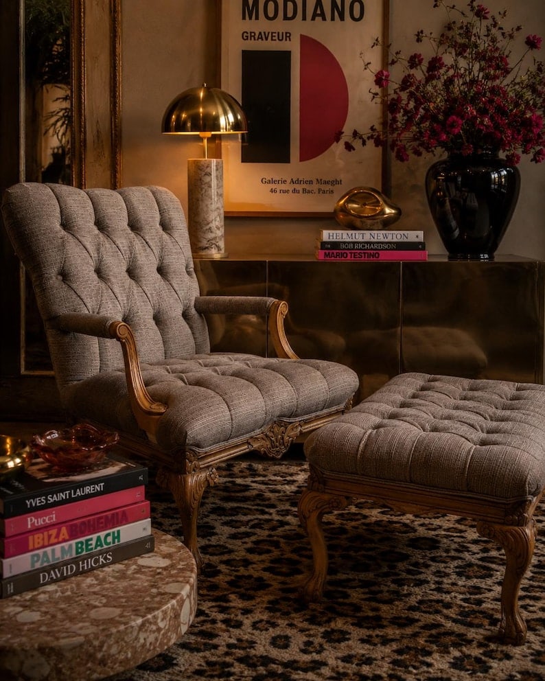 Vintage French Louis XV Style Fauteuil Tufted Armchair and Ottoman Newly Reupholstered: Vintage French Louis XV Style Fauteuil Tufted Armchair and Ottoman Newly Reupholstered in Italian Mohair in Camel Color This beautifully carved lounge and ottoman set would be a stately accent chair f