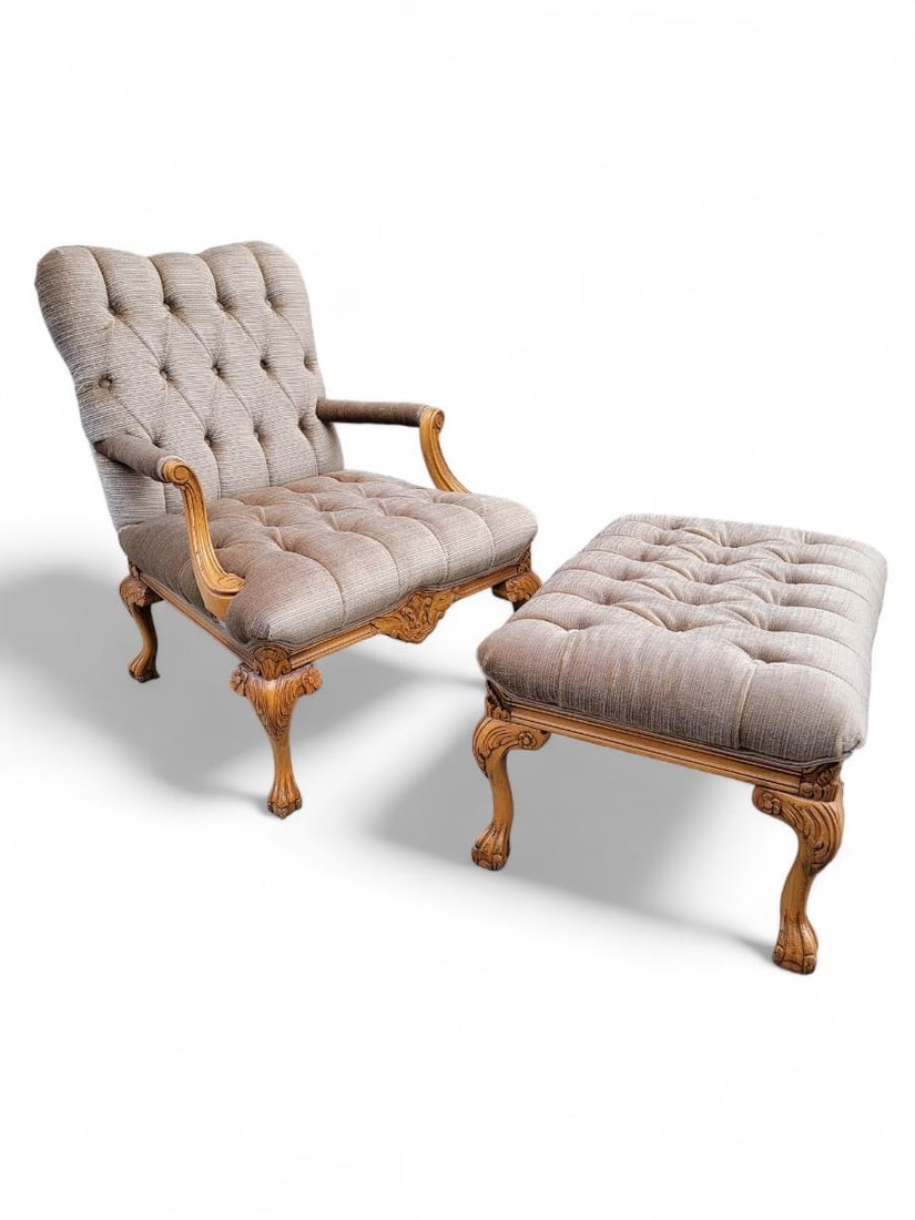 Vintage French Louis XV Style Fauteuil Tufted Armchair and Ottoman Newly Reupholstered - 3