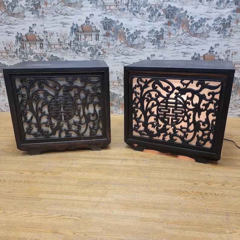 Vintage Chinese Carved Elm Side Tables with Light - Pair (1 of 8)