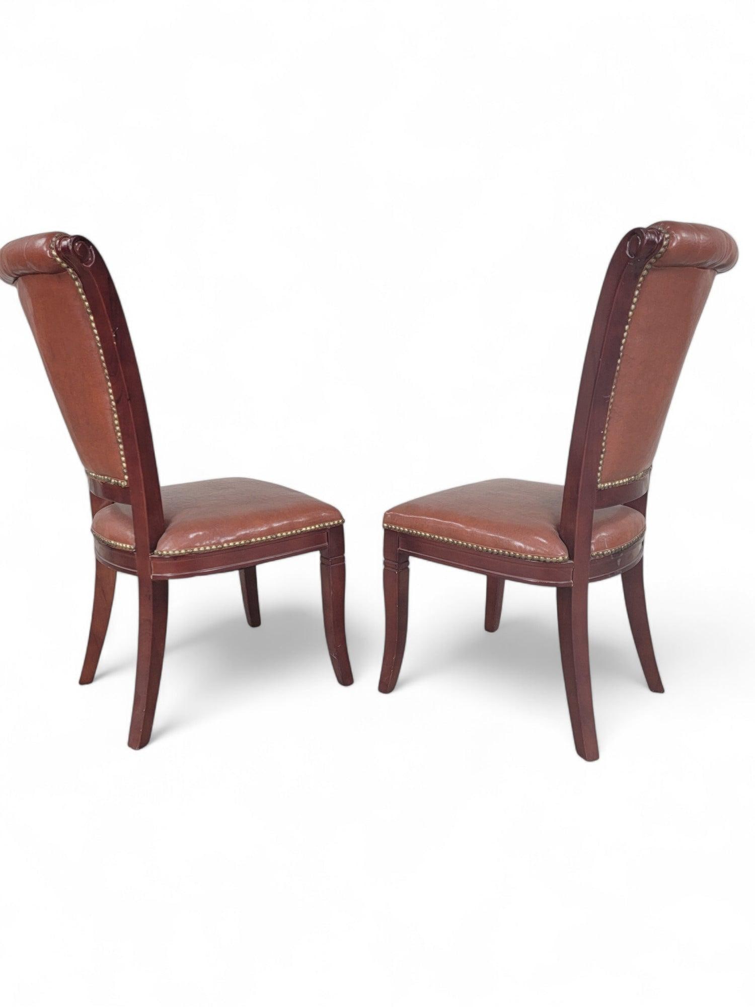 Vintage Italian Mahogany Scroll Back Tufted Leather Side Chairs with Nailhead Trim, Pair - 5