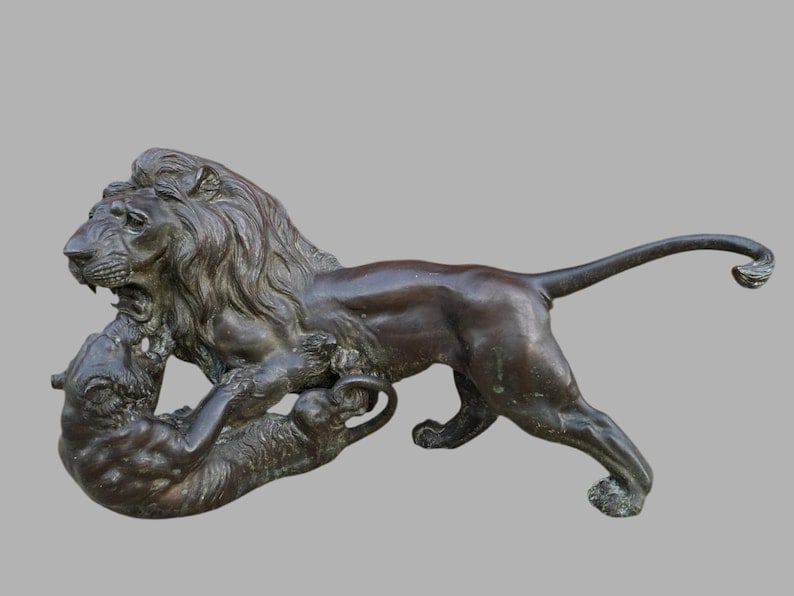 Antique Japanese Bronze Sculpture of Roaring Lion vs. Tiger (1 of 7)