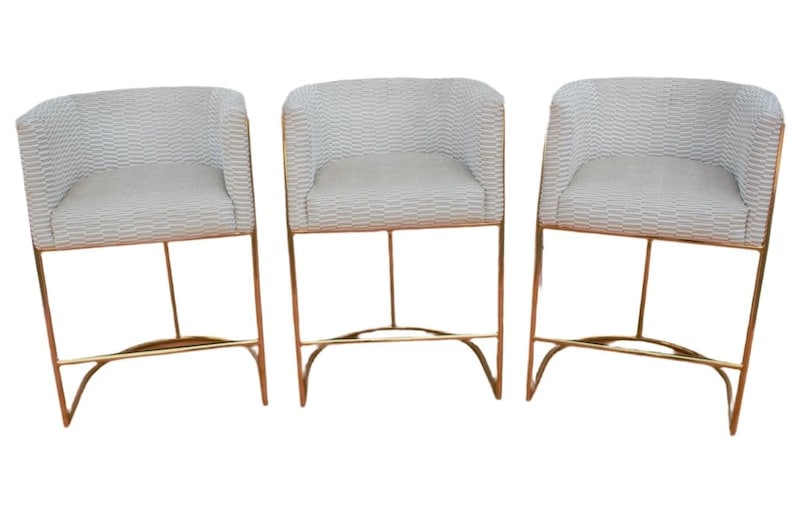 Mid Century Modern Barrel Back Bar Stools Newly Reupholstered - Set of 3: Mid Century Modern Custom Designer Barrel Back Bar Stools on Brass Bases Newly Reupholstered in High End Italian Patterned Cream and Gold Velvet Chenille - Set of 3 These brass frame high bar stool