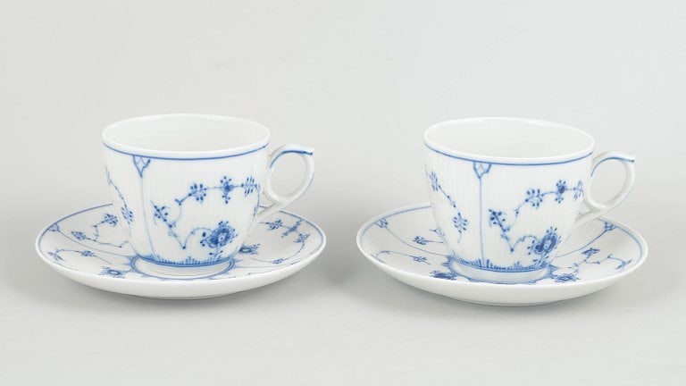 Royal Copenhagen, Denmark. Blue Fluted Plain porcelain breakfast cups with saucers in underglaze (1 of 4)