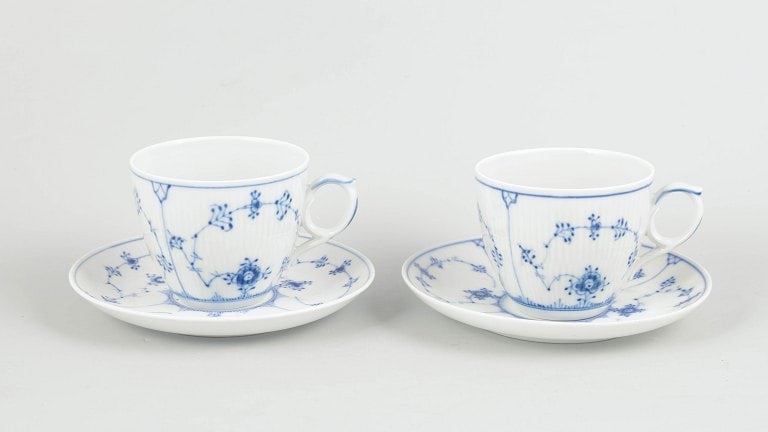 Royal Copenhagen, Denmark. Blue Fluted Plain breakfast cups with saucers in underglaze blue, pair. (1 of 4)