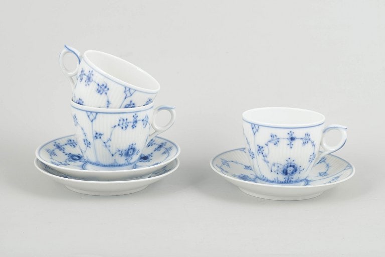 Royal Copenhagen, Denmark. Blue Fluted Plain porcelain coffee cups with saucers in underglaze blue, (1 of 4)