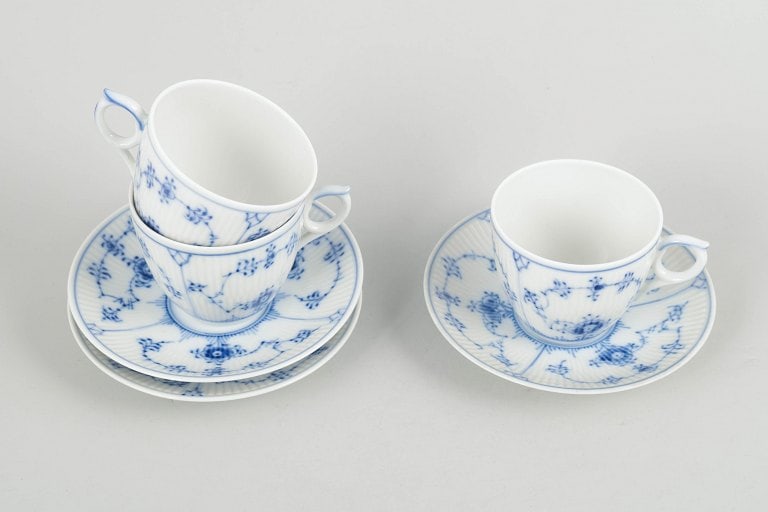 Royal Copenhagen, Denmark. Blue Fluted Plain porcelain coffee cups with saucers in underglaze blue, - 2