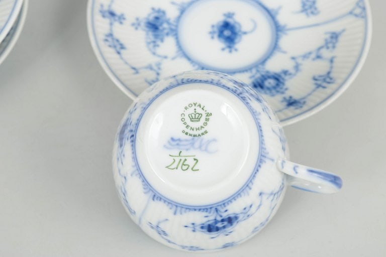 Royal Copenhagen, Denmark. Blue Fluted Plain porcelain coffee cups with saucers in underglaze blue, - 4
