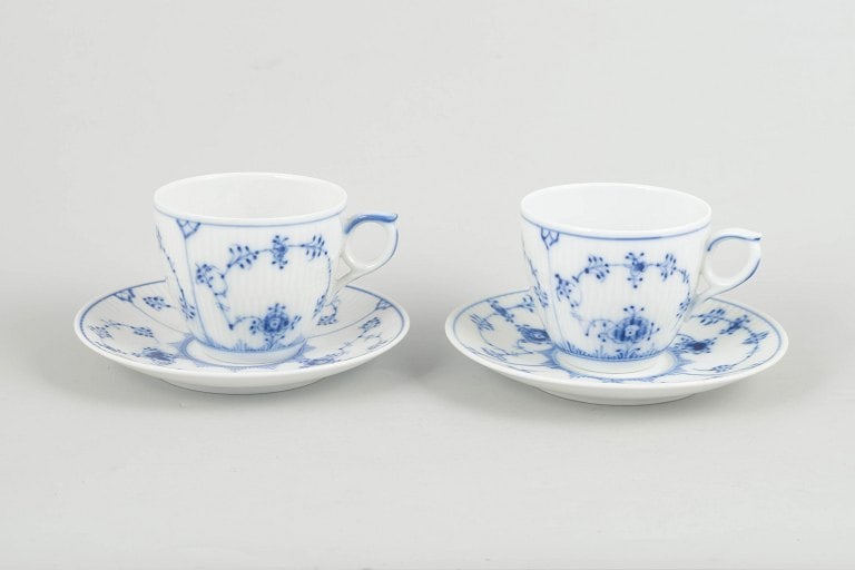 Royal Copenhagen, Denmark. Blue Fluted Plain two porcelain coffee cups with saucers in underglaze (1 of 4)
