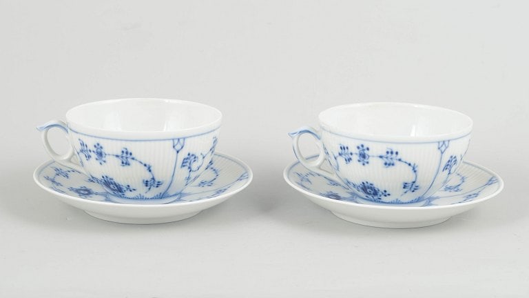 Royal Copenhagen, Denmark. Blue Fluted Plain porcelain two tea cups with saucers in underglaze blue. (1 of 4)