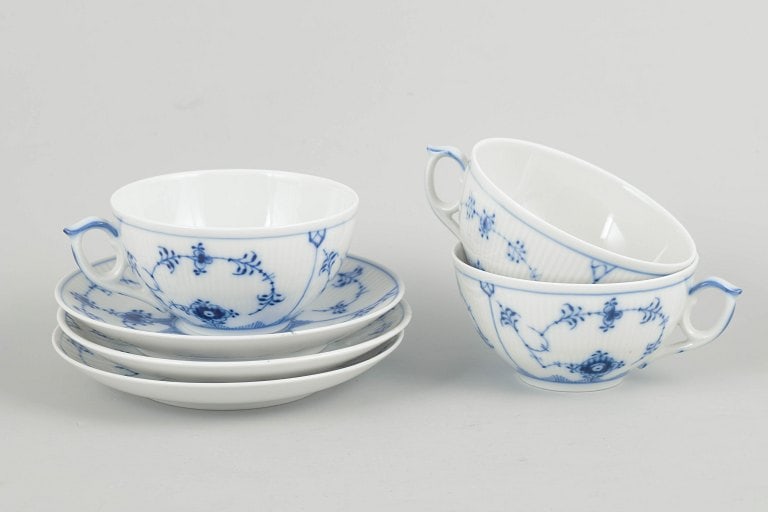 Royal Copenhagen, Denmark. Blue Fluted Plain, set of three porcelain tea cups with saucers in (1 of 4)