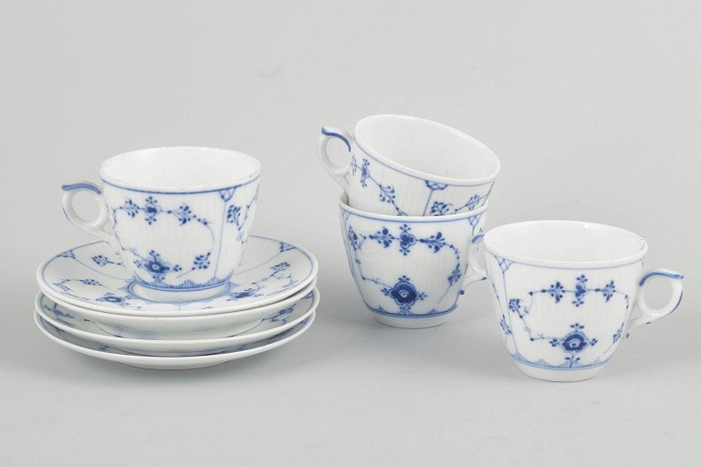 Royal Copenhagen, Denmark. Blue Fluted Plain, set of four porcelain coffee cups with saucers in (1 of 4)