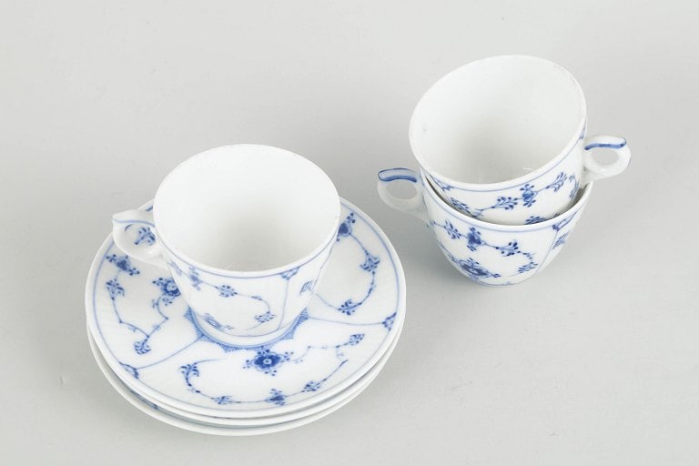 Royal Copenhagen, Denmark. Blue Fluted Plain, set of three porcelain coffee cups with saucers. Early - 2
