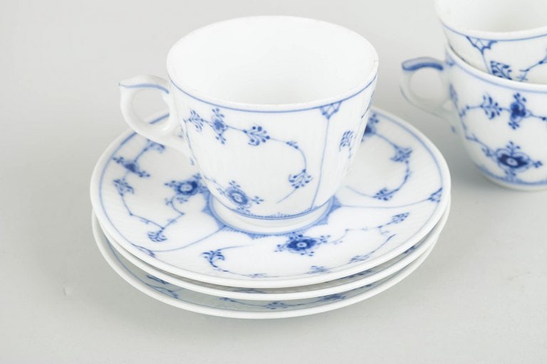 Royal Copenhagen, Denmark. Blue Fluted Plain, set of three porcelain coffee cups with saucers. Early - 3